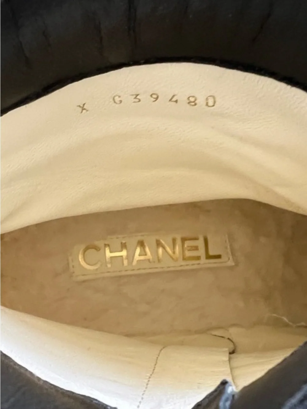 CHANEL Cream Shearling Ankle Boots with Black Leather Trim